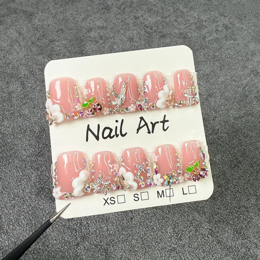 Duck bill nail, sweet ice-through carved nail art, full of diamonds and flash, sweet and cool babes Handemade press on nails wholesale｜365nails
