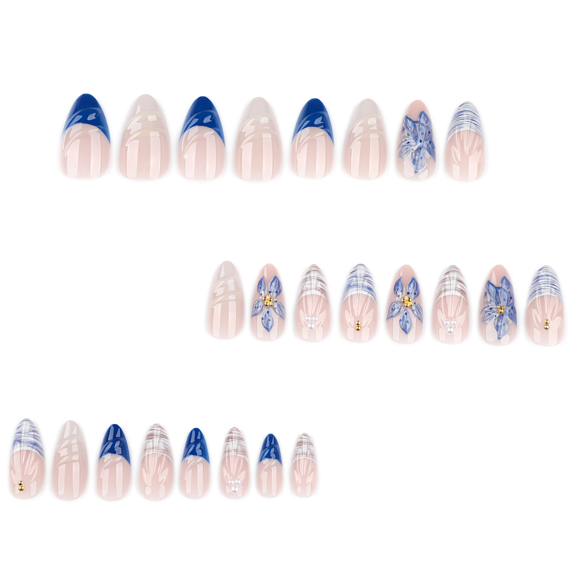 European and American foreign trade summer hot-selling wearing nail French blue wave beach manicure nail piece almond-shaped false nail