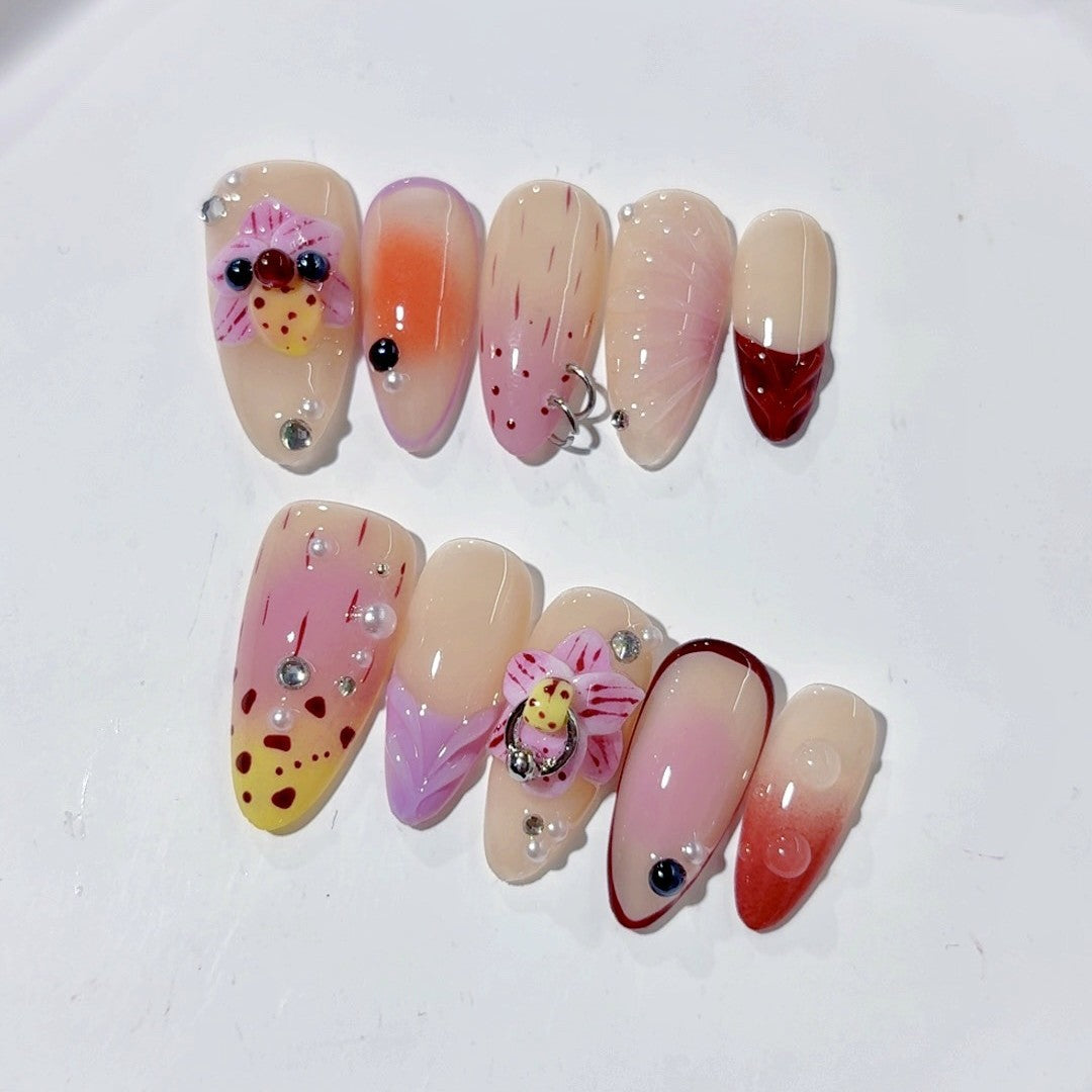 365nails: "Tropical Orchid Gradient" – Medium Almond Floral Fruit Handmade Press-On Nails