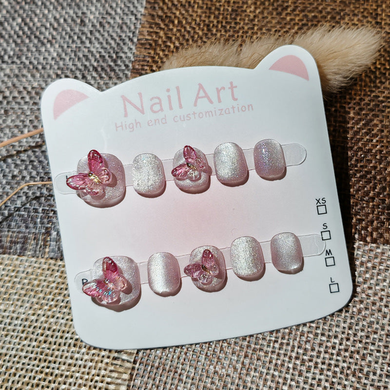 365nails:「極光粉蝴蝶」短款方圓形手工製兒童穿戴甲