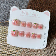365nails：桃粉光澤 — 手工製可愛短款橢圓形穿戴甲（桃子圖案）
