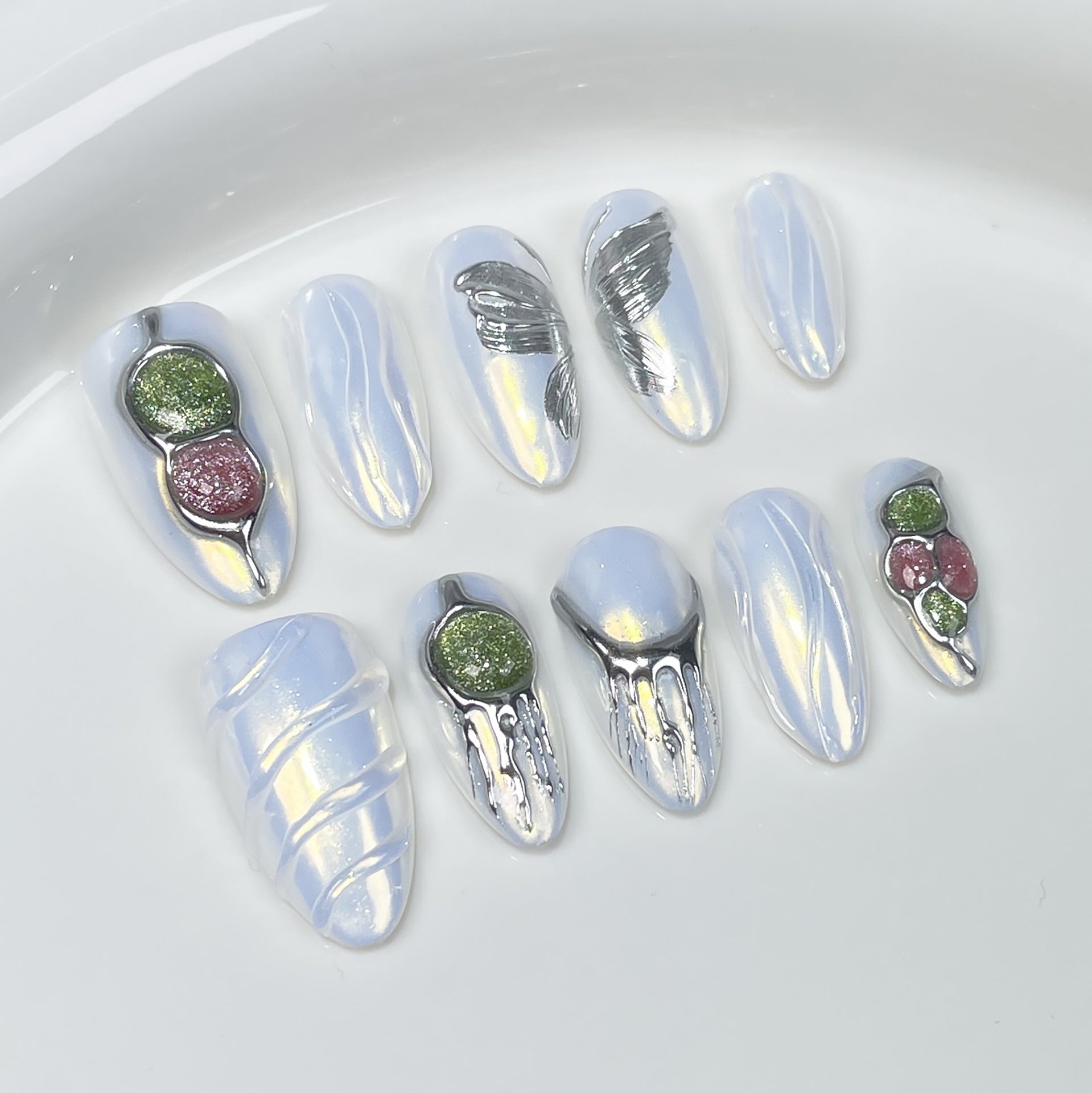 Aurora Sculpted Nails with Metallic Detail and Gem Cat-Eye Accents