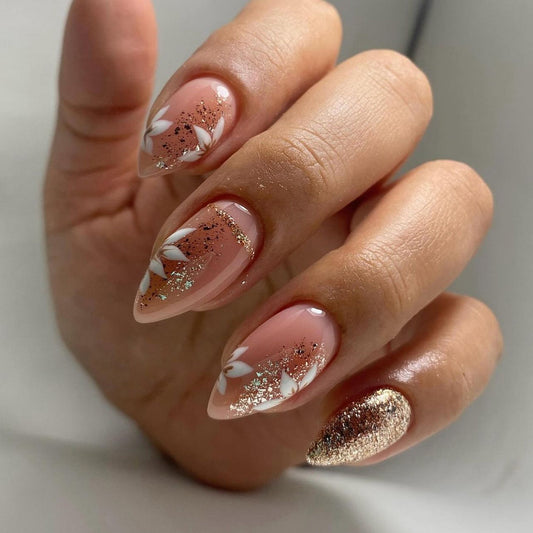 Summer small fresh flower nail art wholesale almond gold glitter wear nail press on nails｜365nails