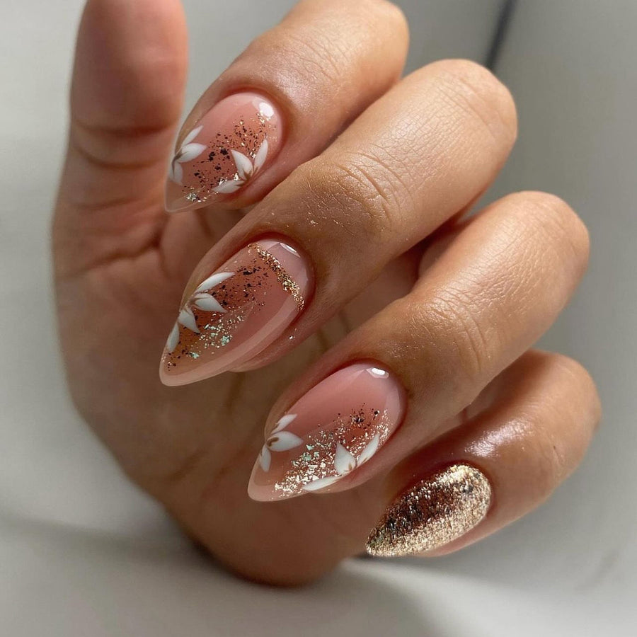 여름용 작은 프레시 플라워 네일 아트 도매, 아몬드형 골드 글리터 착용 프레스온 네일｜365nails