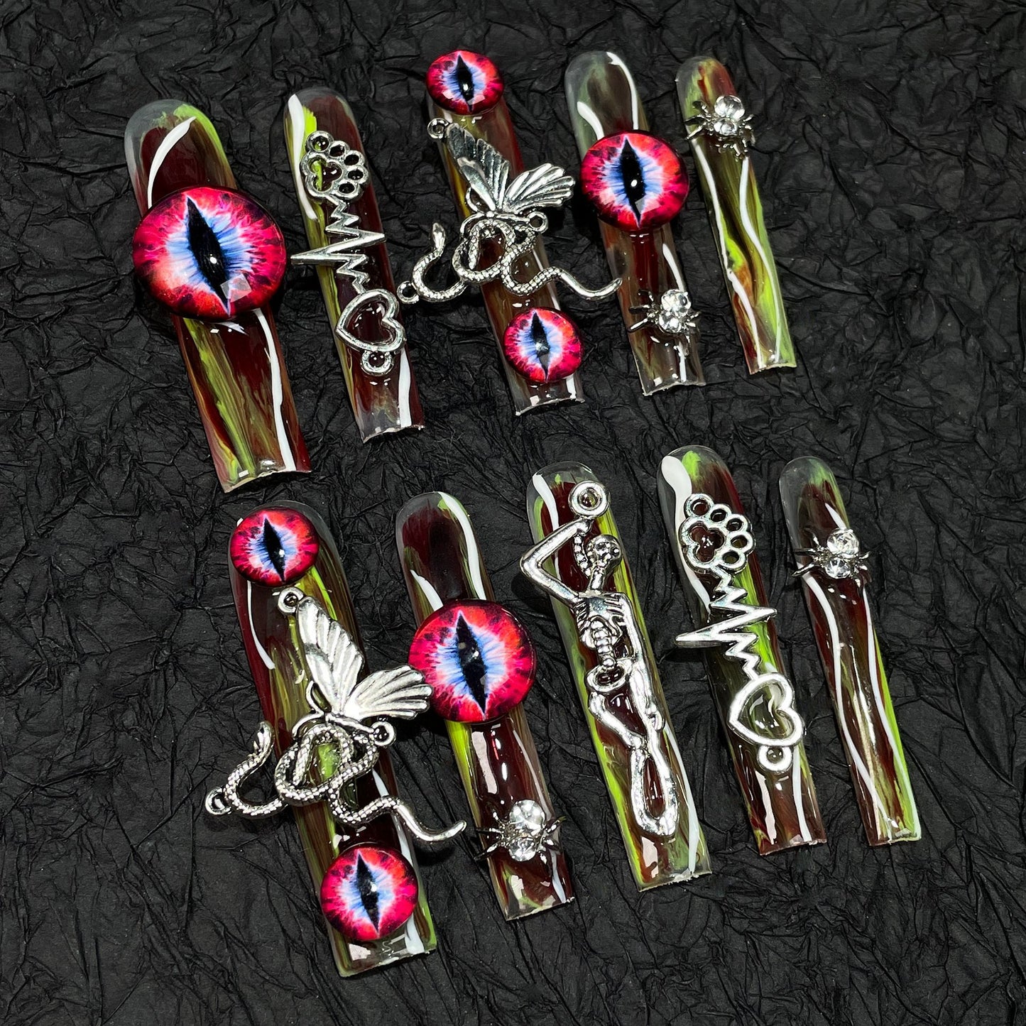 Water pipe armor retro alloy dark wind metal skull cross personalized handmade press on nails wholesale｜365nails