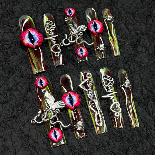 Water pipe armor retro alloy dark wind metal skull cross personalized handmade press on nails wholesale｜365nails