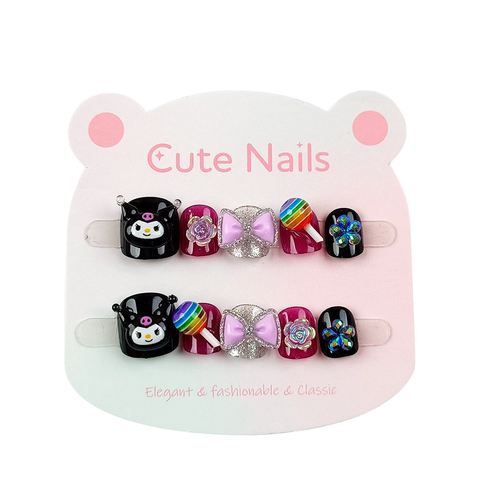 Black three-dimensional Kulomi wears cute nails, children's short nail art 3D lollipop fake nail patch