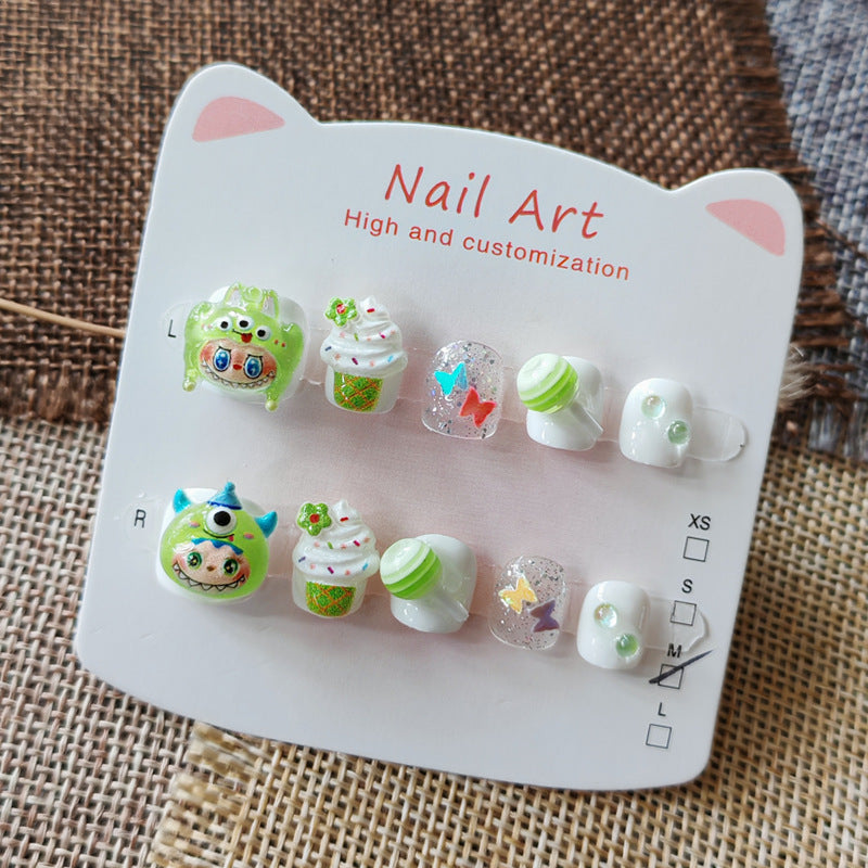 365nails-Cute Monster Kids Series: "Green Goblin Party" – Short Square Kids Nail Art