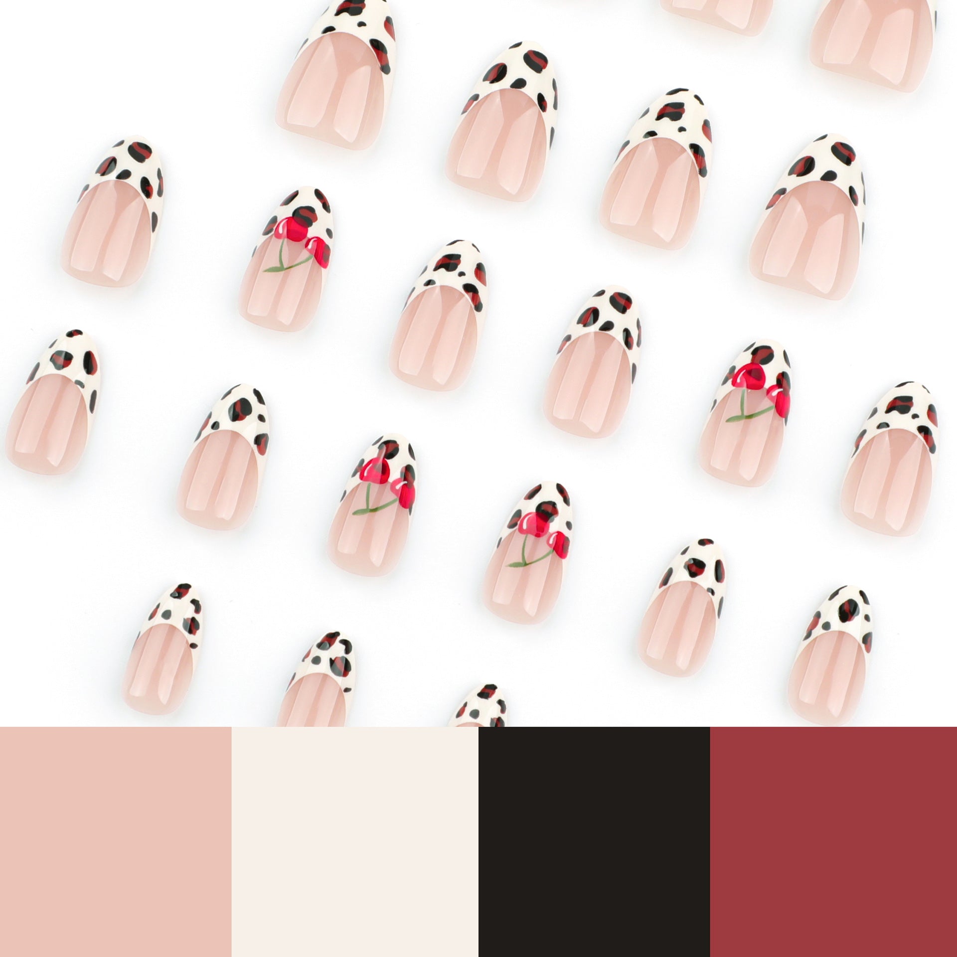 Unhas postiças com estampa de leopardo francesa simples, unhas de cereja repetíveis, folhas de unha de pressão ｜ 365nails