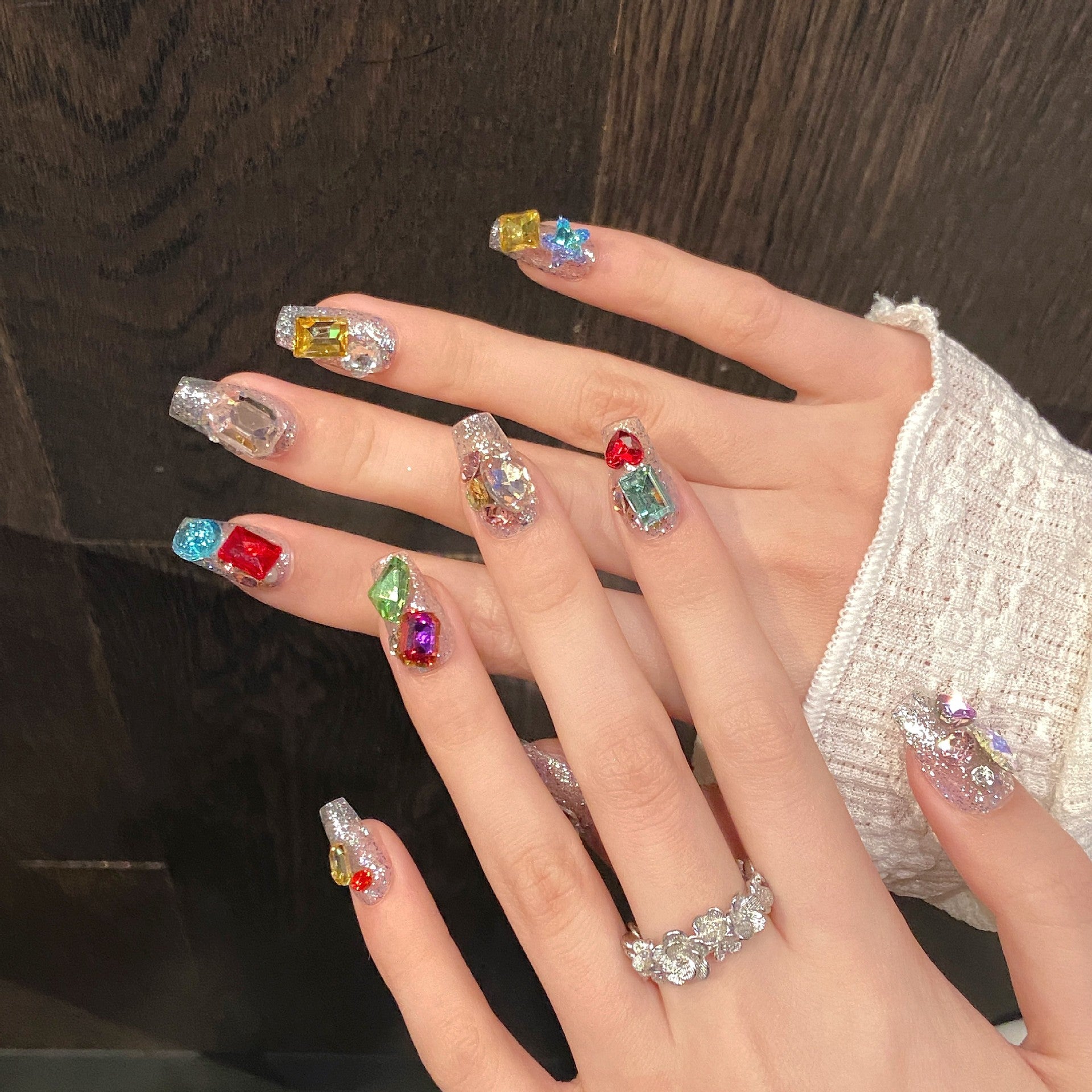 365nails: "Candy Gem" – Multi-Color Diamond & Glitter Handmade Short Square Nails