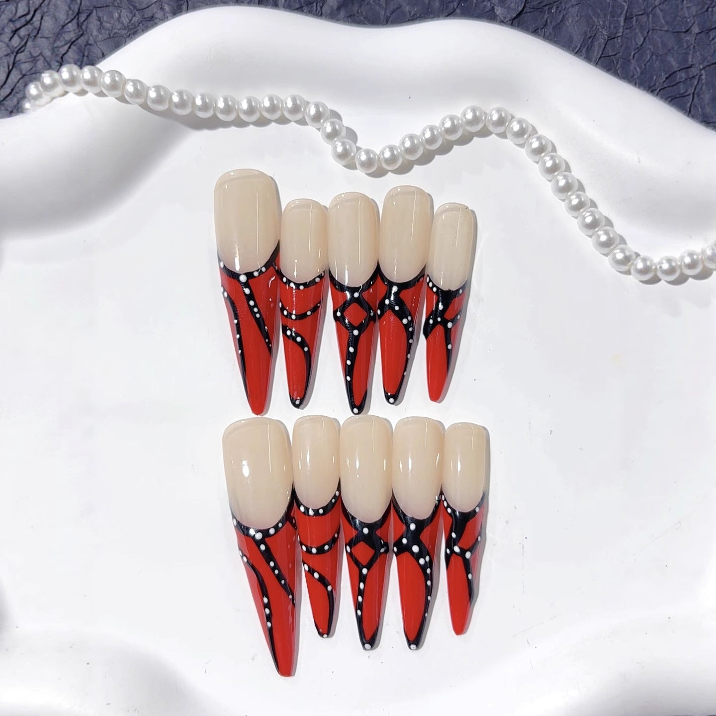 Red French Line Art Extra Long Press On Nails