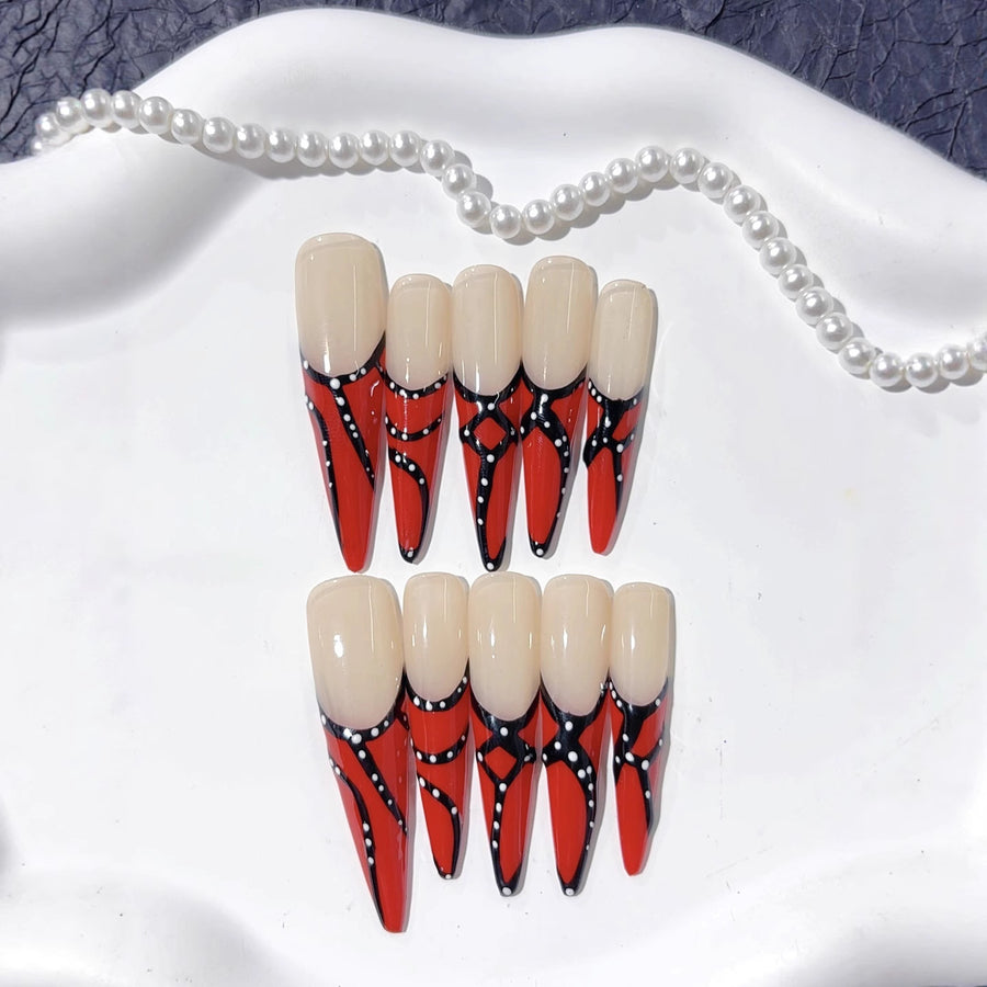 Red French Line Art Extra Long Press On Nails