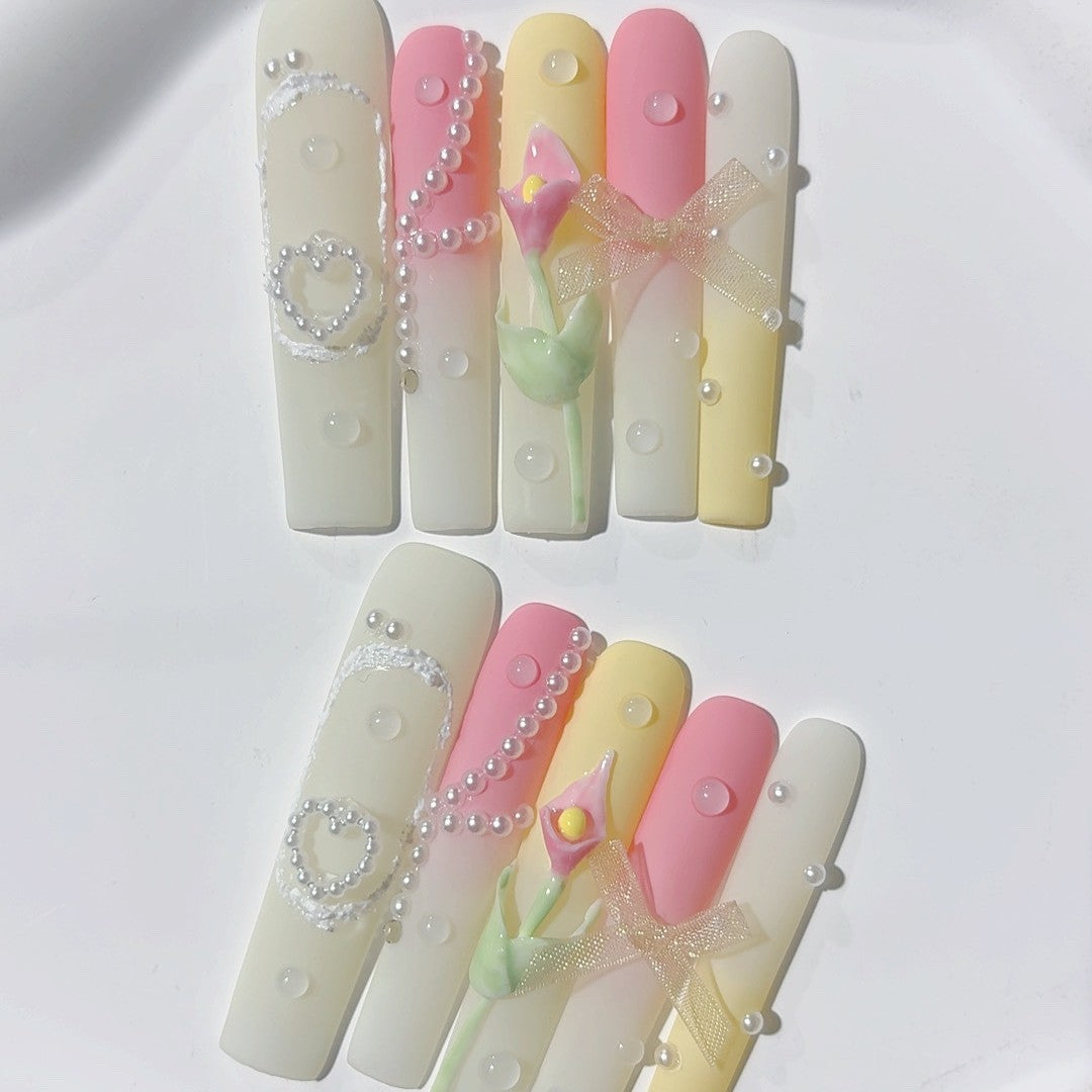 Pastel Pearl Bow Floral Press On Nail Set