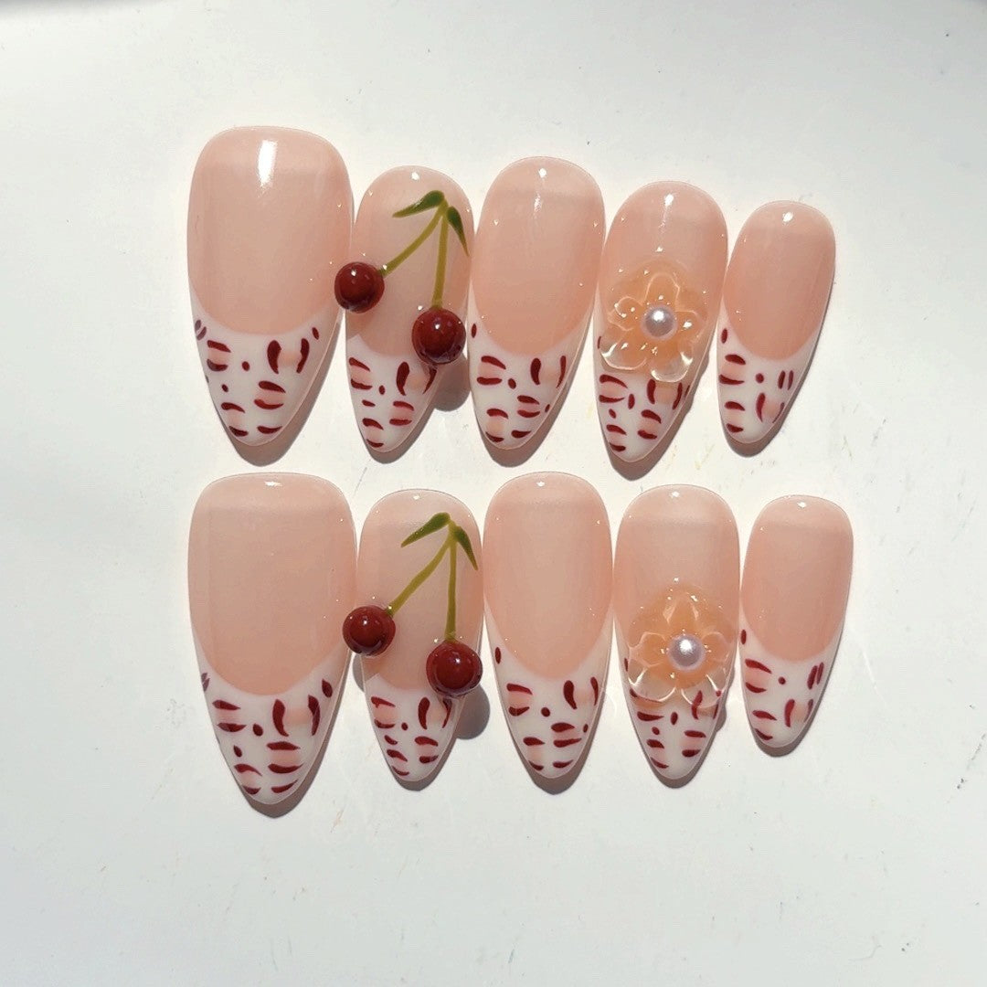 365nails-Cherry Blossom: "Fruity Floral" – Almond Shape Handmade 3D Carved Press-On Nails