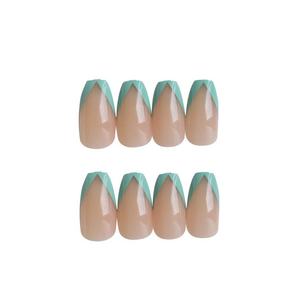 裸色斜法式湖藍綠穿戴甲成品甲片｜365nails