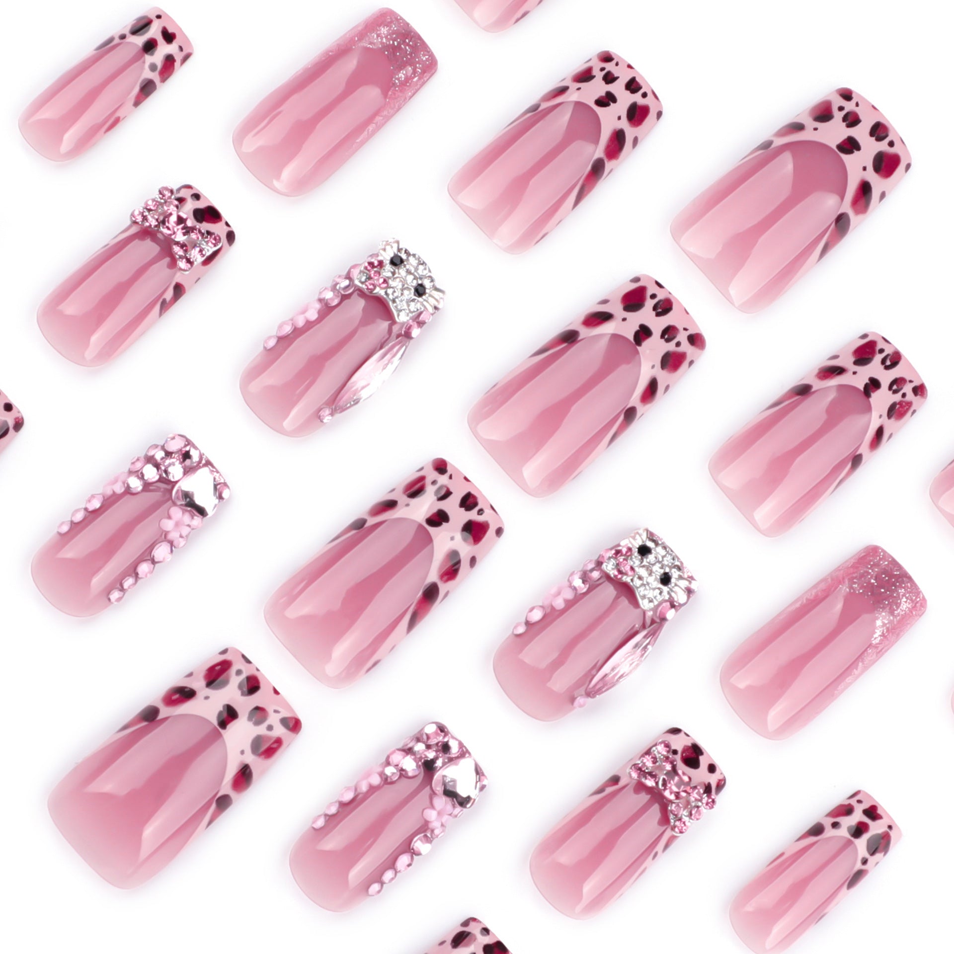 Manicura francesa con estampado de leopardo, destellos de diamante, uñas postizas de gato de dibujos animados, lazo de flores | 365nails