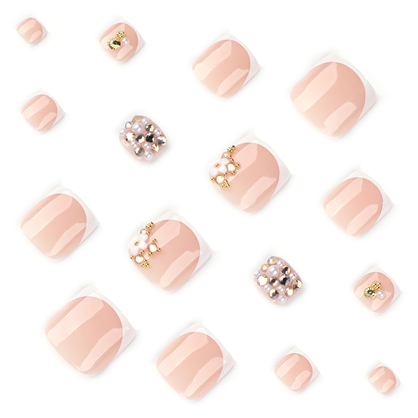 Pearl & rhinestone bling french white minimalist toenail tips