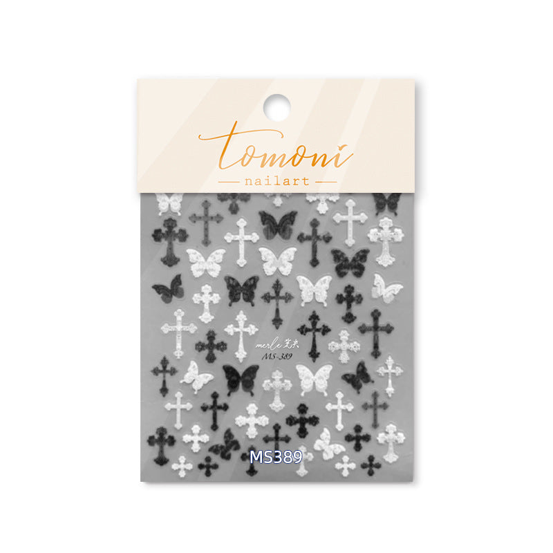 Gothic Cross Butterfly Collection: "Monochrome Gothic" – 3D Embossed Nail Sticker