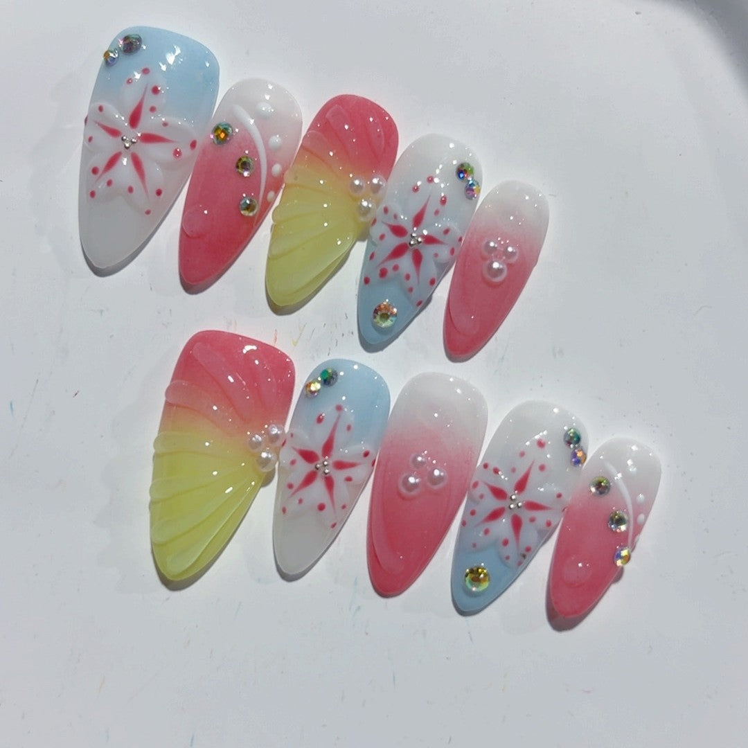 365nails-Ocean Breeze: "Coral Starfish" – Almond Shape Handmade 3D Carved Press-On Nails