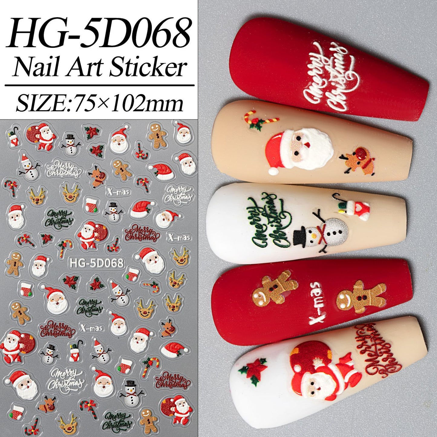 Happy Christmas Nail Art Sticker 5D Embossed Three-dimensional Snowman Santa DIY Nail Sticker Ornament HG