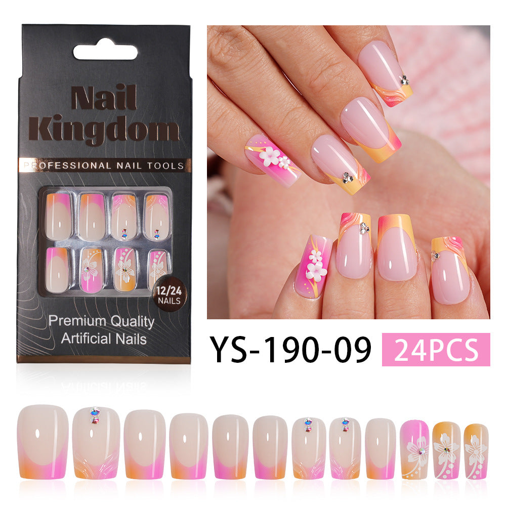 Orange French Floral Crystal Press On Nails (MOQ=3)