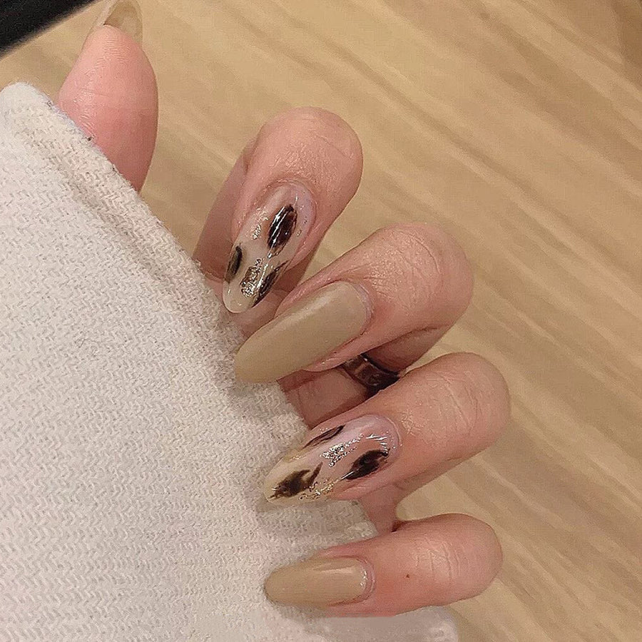 밀크티 컬러 번짐 레오파드 프린트 프레스온 네일 아트 완제품 탈착형 네일팁｜365nails