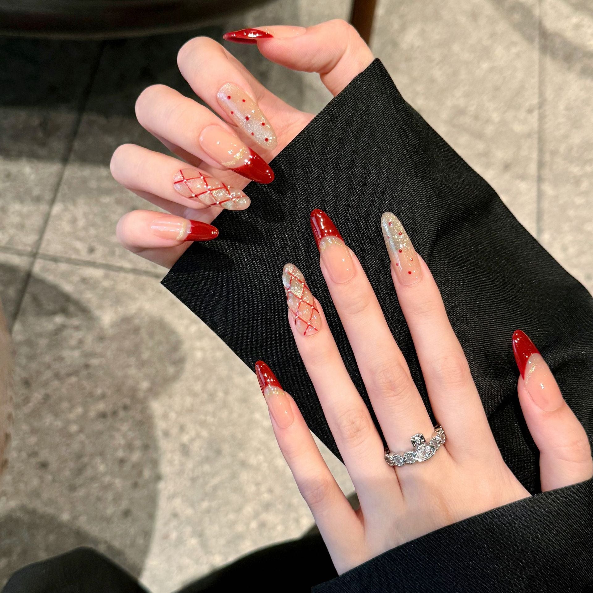 365nails: "Red Velvet Romance" – Handcrafted French Tip & Plaid Almond Nails