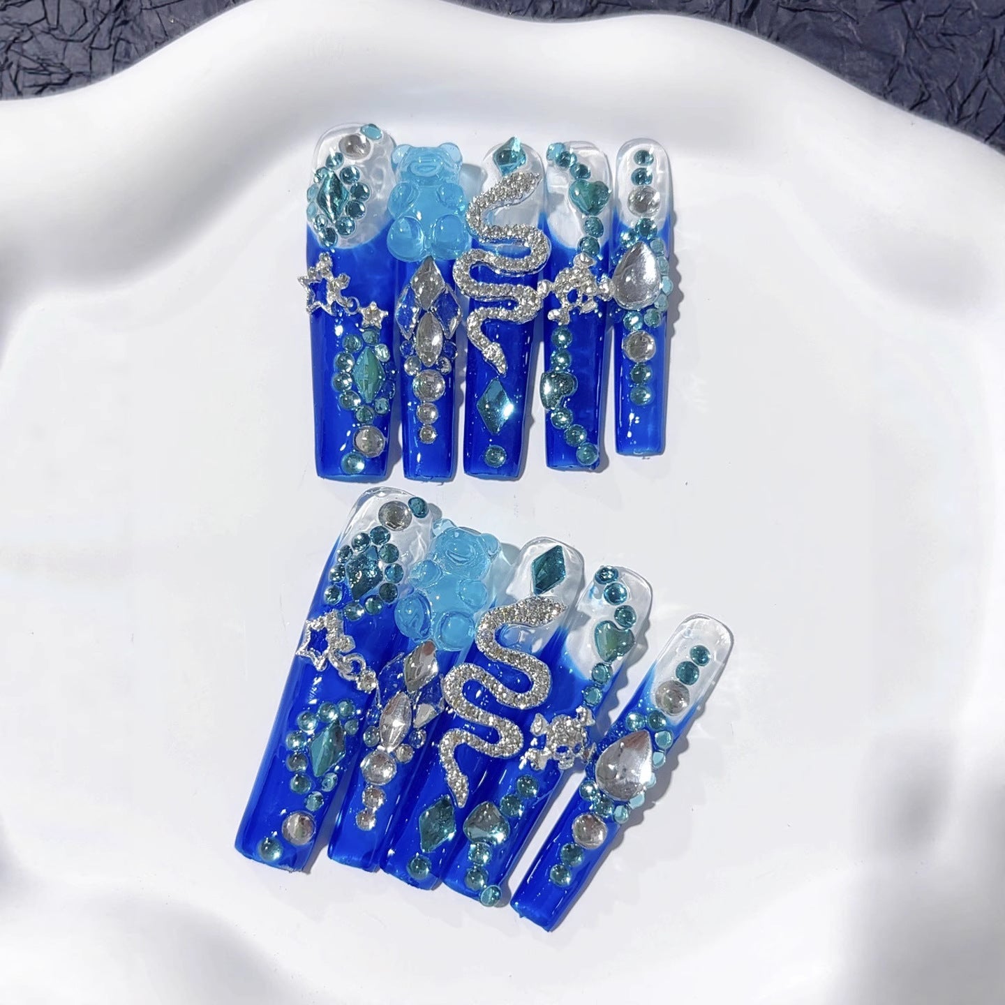 藍色珍珠水晶超長款穿戴甲