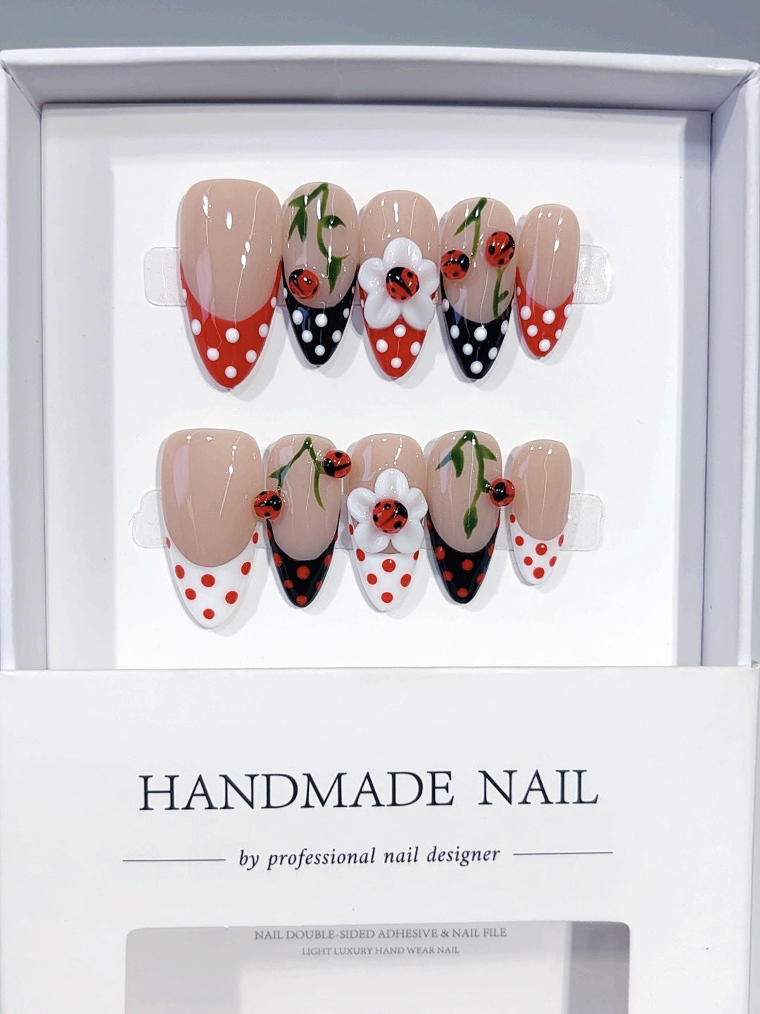 Ladybug Garden: "Polka Dot & Floral" – Almond Press-On Nails