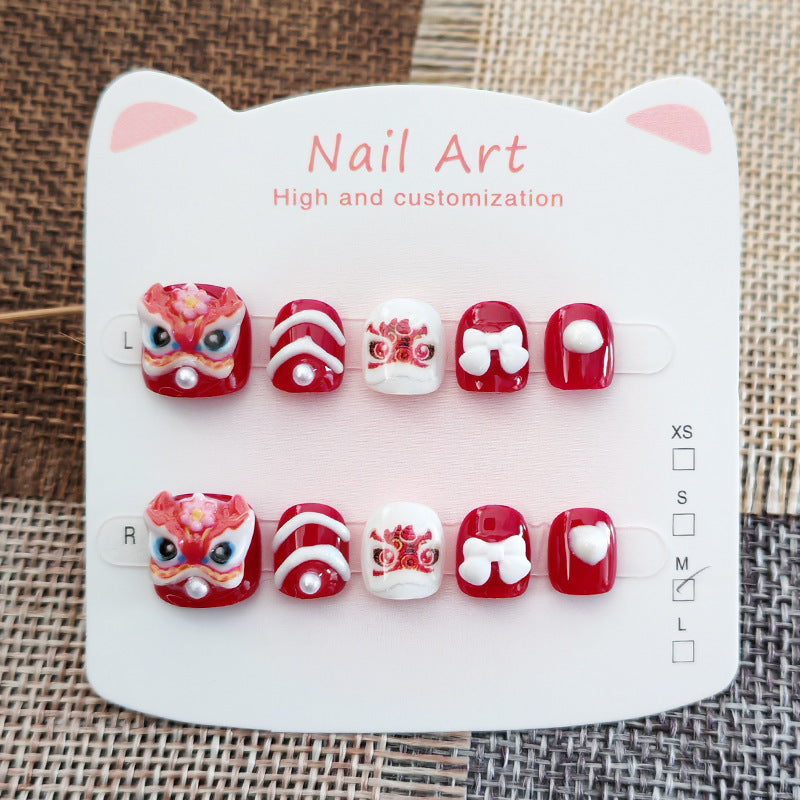 365Nails: "Auspicious Lion Dance" – Handmade Cute Short Oval Press On Nails With Chinese Lion Dance Design