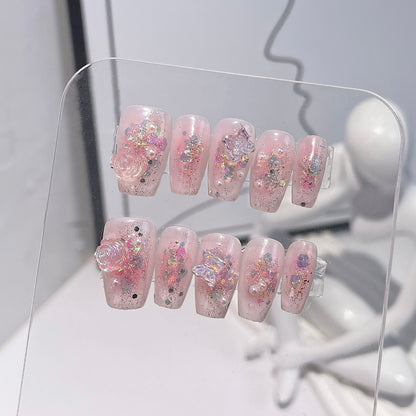 Handmade Press-on Nails blush sparkle three-dimensional camellia short nail patch wearable nail sticker wholesale｜365nails