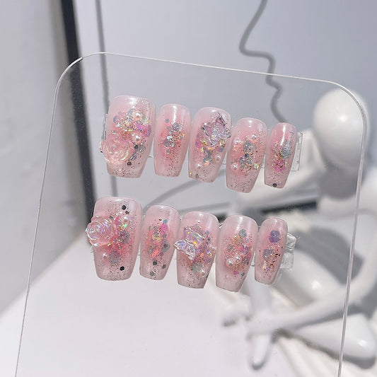 Handmade Press-on Nails blush sparkle three-dimensional camellia short nail patch wearable nail sticker wholesale｜365nails