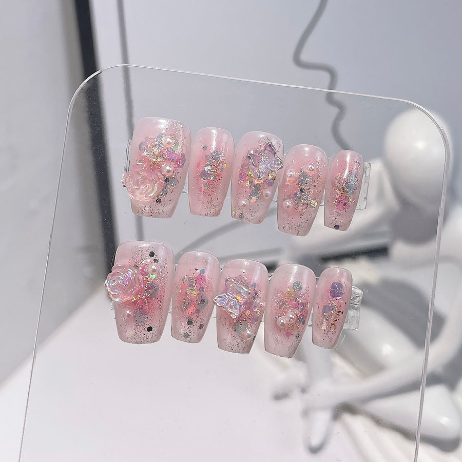 365nails: "Diamond Rose" – Medium Coffin Handmade Press-On Nails