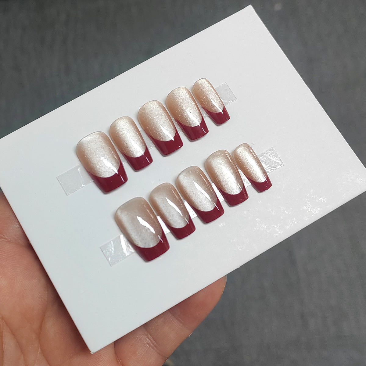 365nails Minimalist: "Ruby Cat Eye French" – Medium Almond Press On Nails (30pcs)