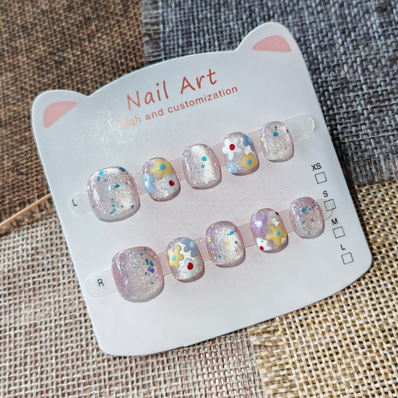 365nails: "sparkling pastel floral" – short wide handmade kids press-on nails