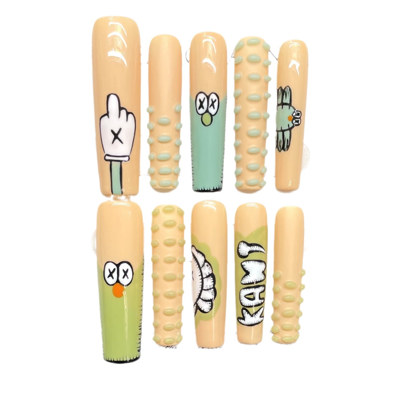 Unhas postiças extra longas, engraçadas, de desenho animado, fofas, feitas à mão, personalizadas, pintadas à mão, removíveis | 365nails