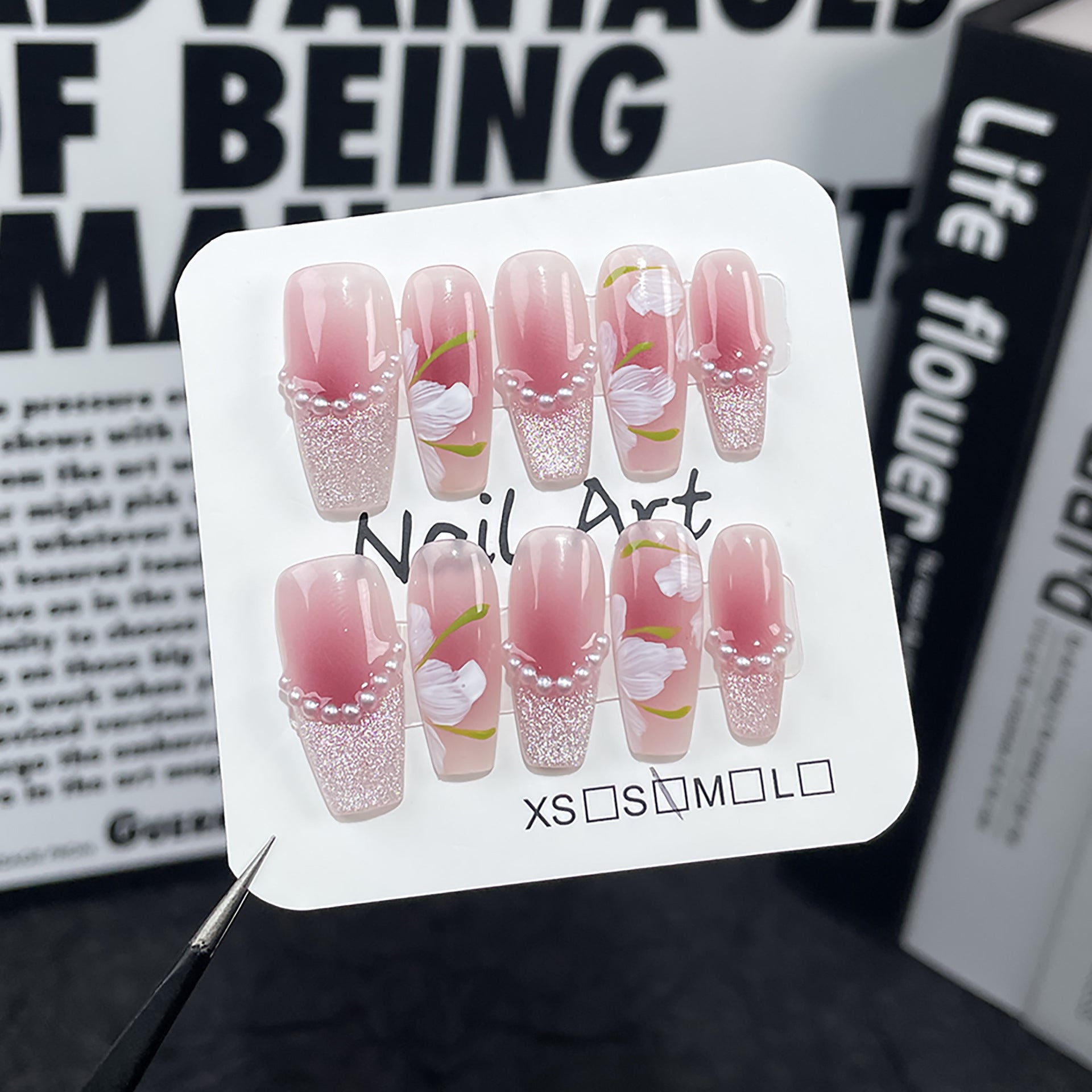 Airbrushed Blush French Nails with Crystal Cat-Eye Florals