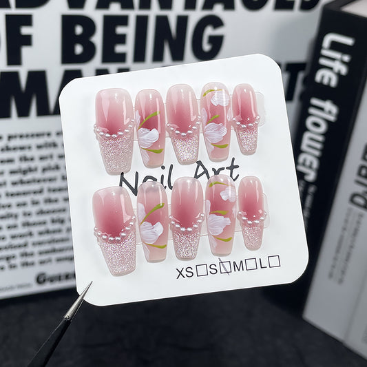 Spar cat eye Handmade Press-on Nails spray gun blush hand-painted French handmade manicure medium and long s ｜365nails