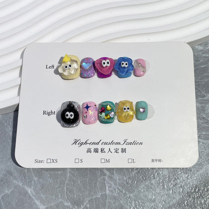 Candy color cartoon cute handmade press-on nails childlike fun small eyes sweet cool nail patch wearable nail sticker｜365nails