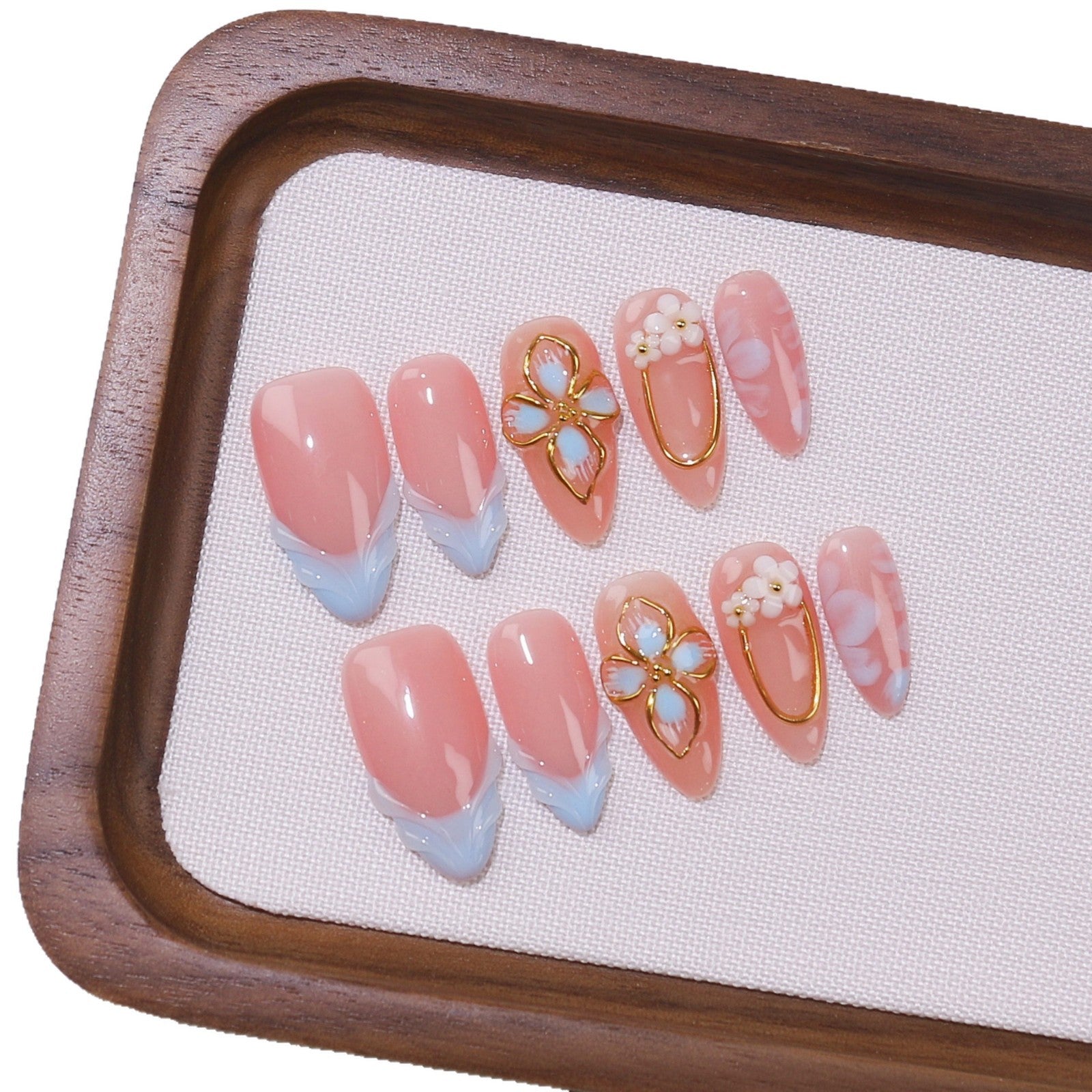 Elegant Coastal: "Azure Bloom French" – Medium Almond Nude & Blue Gradient Handmade Press-On