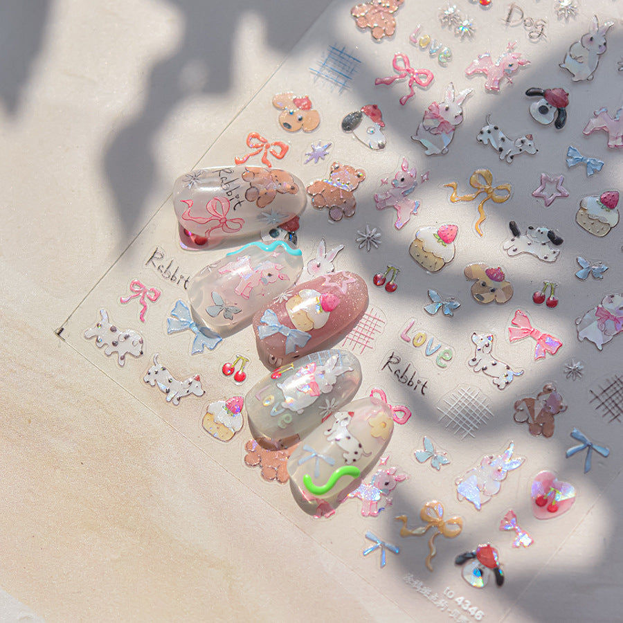 Embossed Animal Nail Stickers – Holographic Bunny & Teddy Bear Set