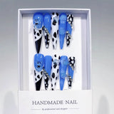 Blue Cow Print Cute Bear Statement Press On Nails