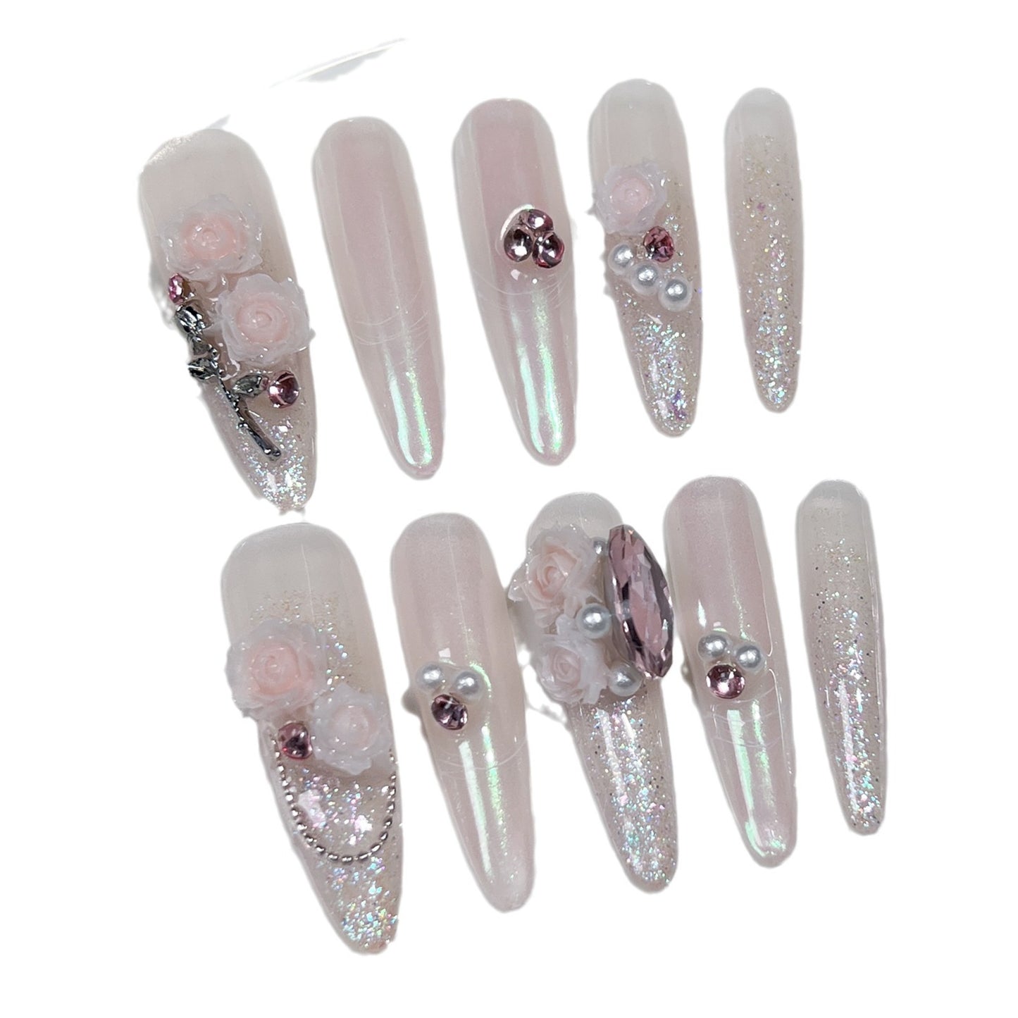 Unhas feitas à mão com rosas, canção de amor, fada do vento, desejo puro, temperamento suave, elegante, arte de unhas longas ｜ 365nails