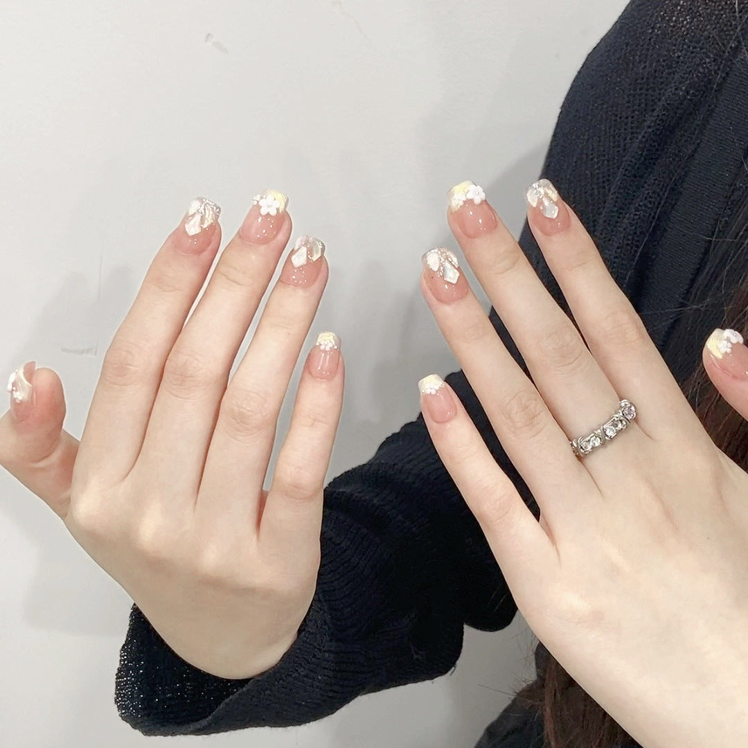 365nails: "Devaneio de Flor de Pêssego" – Unhas Curtas Amêndoa Florais 3D Feitas à Mão