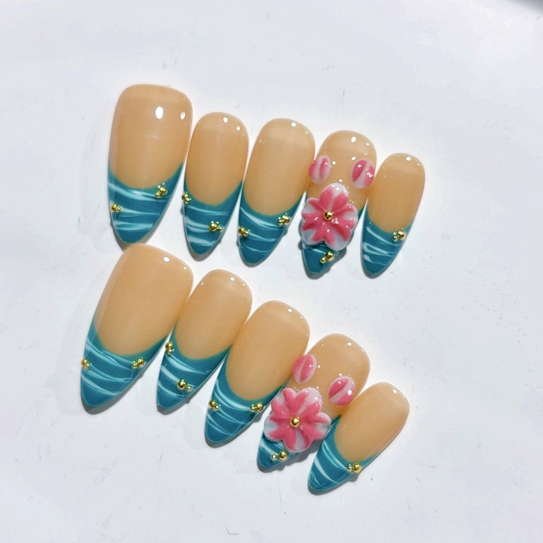 365nails - 海灘波紋：「青綠波浪與花卉」— 長款杏仁形手工製穿戴甲