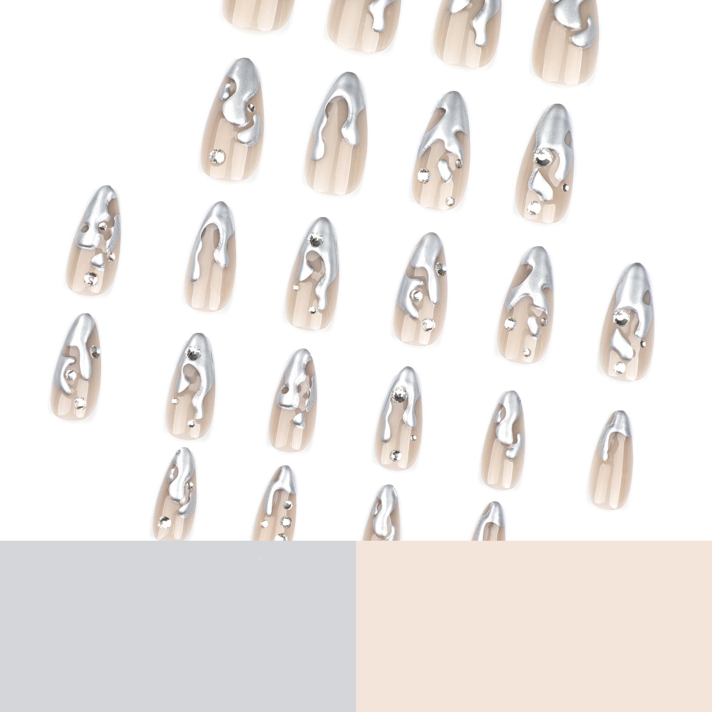 French 3D silver paste press on nails film short almond fake nails point drill fake nail nail film wholesale｜365nails