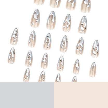 French 3D silver paste press on nails film short almond fake nails point drill fake nail nail film wholesale｜365nails