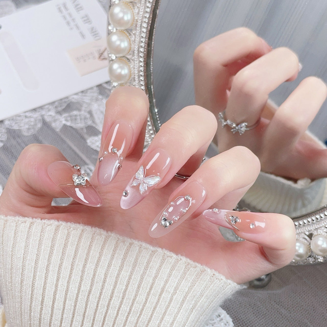 365nails-Ethereal Sheer: "Butterfly Carved" – Long Stiletto French Ombre Handmade Nails