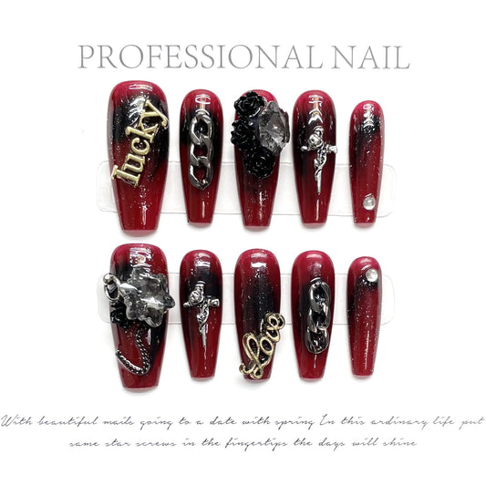 Handmade nails Dark Gothic Scarlet Dark Loli Blood Red Butterfly Wings Nail Art Trapezoidal Finished | 365nails