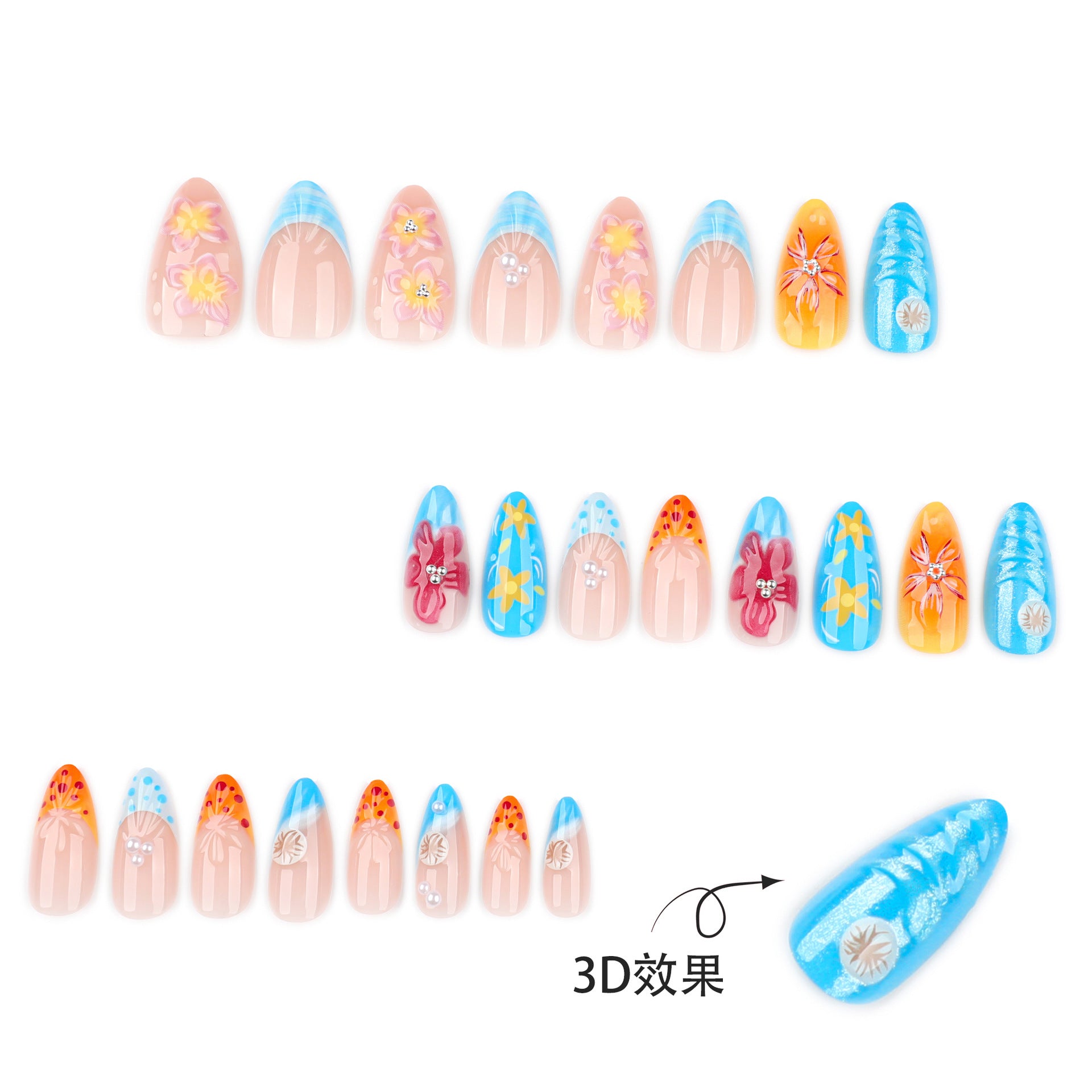 hot-selling tropical 3D tropical flower manicure wearing short almond nail piece  wearing fake nail｜365nails